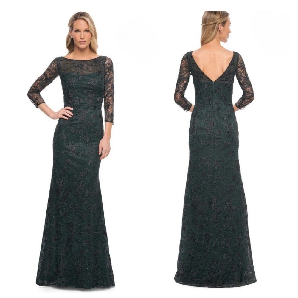 La Femme Dark Emerald Green Embellished Tulle & Lace A-Line Gown Size 6